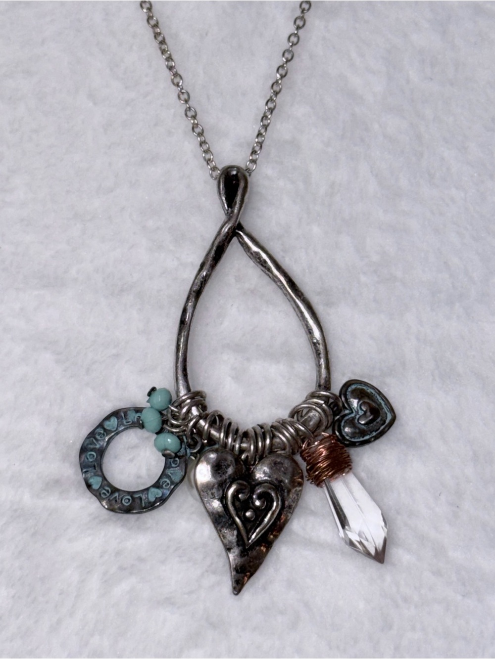 Beautiful 27 inch Silver Finish Necklace Love, Heart & Protection Crystal Charms